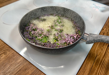 cooking on the stove. beautiful view from above.