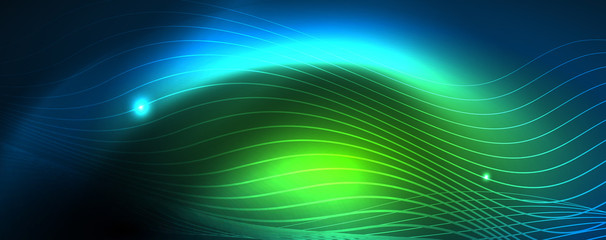 Smooth wave lines on blue neon color light background. Glowing abstract wave on dark, shiny motion, magic space light