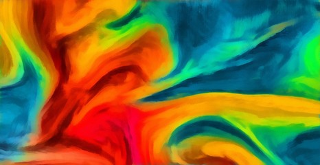 Abstraction painted in oil style. Colorful texture background. Multicolored wallpaper graphic design. Pattern for creating artwork and print. Crazy warm colors and cartoon effect. Fun psychedelic art.