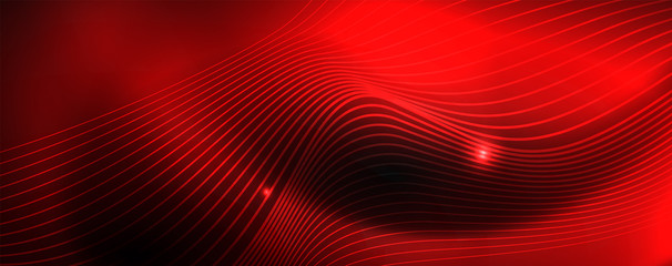 Smoky glowing waves in the dark. Dark abstract background with neon color light and wavy lines. Vector