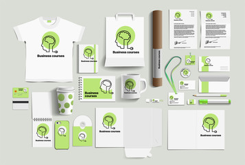 Corporate identity of the business courses company. Stock vector mockup set. Template design elements business courses company. Illustration of a set of design templates for business courses company