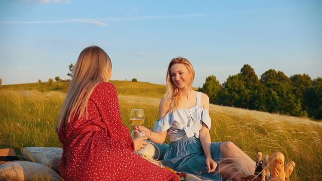 Lesbian couple had a picnic. Women talking and laughing