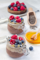 Layered chocolate and peanut butter chia seed pudding in  jar, garnished with raspberry, blueberry, honey and coconut flakes, vertical