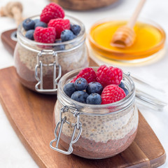 Layered chocolate and peanut butter chia seed pudding in a jar, garnished with raspberry and blueberry, square