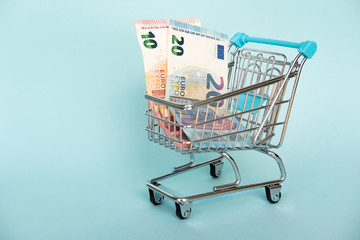 The concept of financial planning, Many in the shopping cart isolate on blue