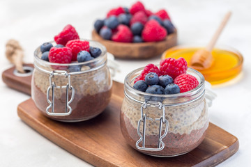 Layered chocolate and peanut butter chia seed pudding in  jar, garnished with raspberry and blueberry, horizontal