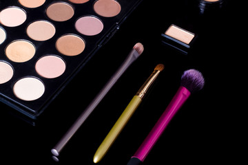 Make-up brushes. Eye shadow palette. Makeup kit. Cosmetic set. Beauty, fashion, style and skin care.