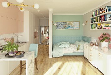 Cozy light modern studio apartment in pink and turquoise colors, 3d render