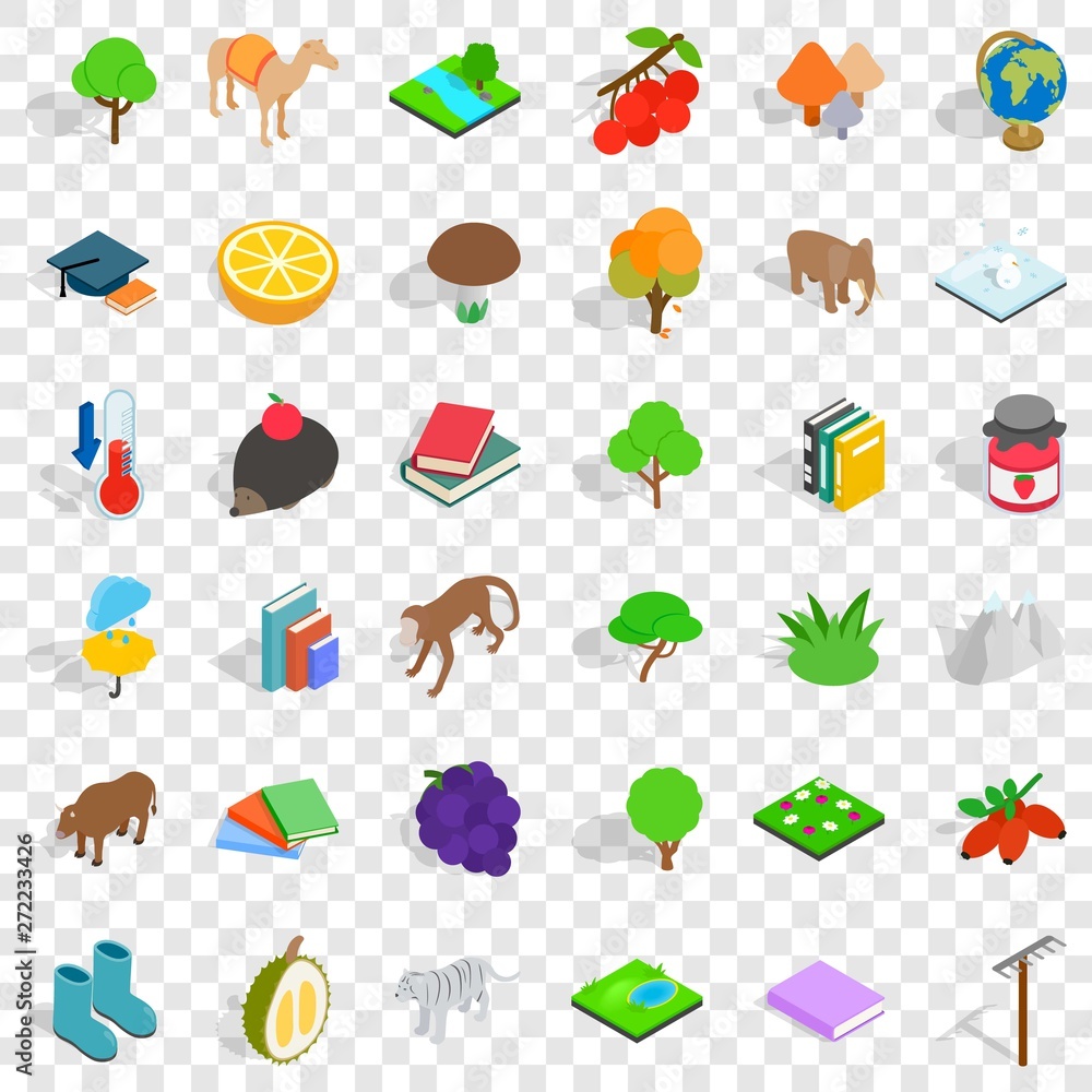 Poster nature icons set. isometric style of 36 nature vector icons for web for any design