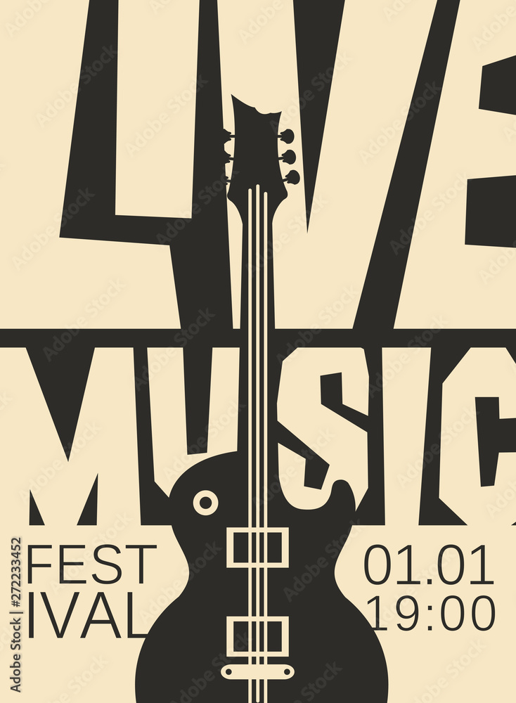 Wall mural vector poster for a live music festival or concert with with acoustic guitar and inscription in retr