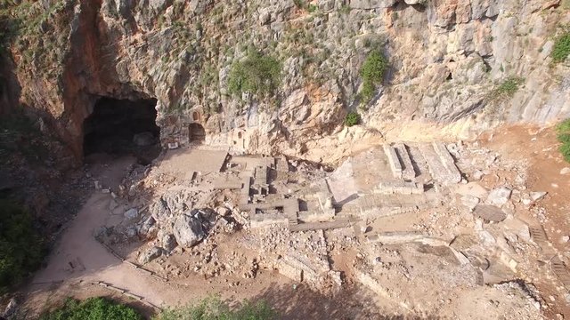 Aerial view of Banias cave, Hermon River, ancient ruins. Israel. DJI-0015-10