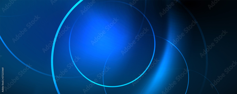 Poster trendy neon blue abstract design with waves and circles. neon light glowing effect. abstract digital