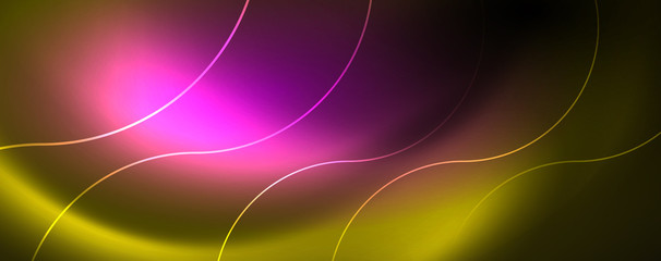 Bright neon circles and wave lines, glowing shiny background design template, digital techno concept.