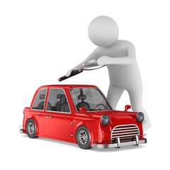 man studies red car on white background. Isolated 3d illustration