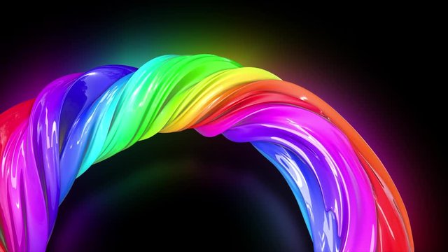 Abstract colorful creative background with stream of mixed oil paints that form a ribbon of rainbow colors. Paint flow moves in a circle. looped 3d animation in 4k with luma matte as alpha channel. 3