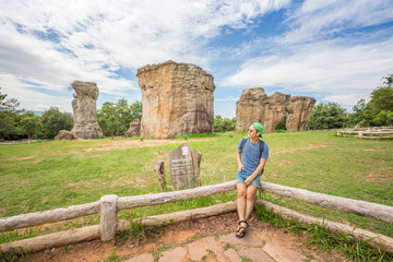 Traveller man on Stonehenge of Thailand, Mo Hin Khao in Phu Lan Kha National Park, Chaiyaphum...