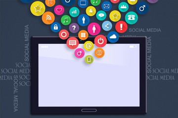 Social media concept. Social icons fly out of the tablet. Social media background.