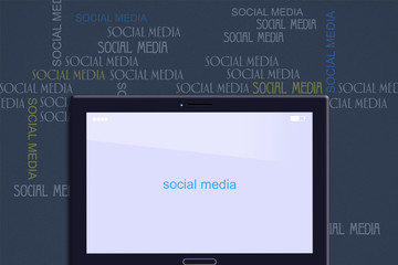 Social media concept. Tablet on the background of various inscriptions of social media on a dark background. Social media background. Connection