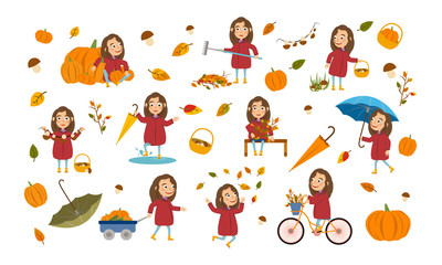 Set girl with long brown hair in an autumn jacket plays with leaves, launches a paper boat, rides a bicycle, carries pumpkins and has fun in the fall. Cute Vector Illustration