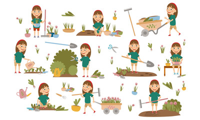 Set Girl with hair decoration gardening plants, weed beds, watering seedlings, pruning bushes and trees, working in the garden. People and garden tools. Vector illustration