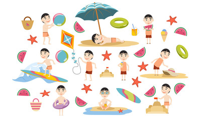 Set Asian boy in various poses in summer clothes and swimsuits on the beach. Summer holidays. Beach rest, games and surfing. Vector illustration