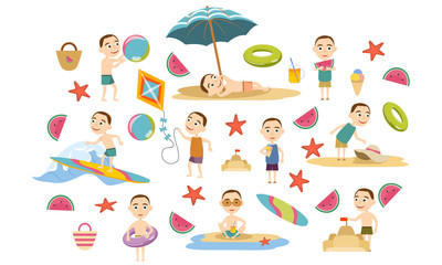 Set a boy with a short haircut in various poses in summer clothes and swimsuits on the beach. Summer holidays. Beach rest, games and surfing. Vector illustration