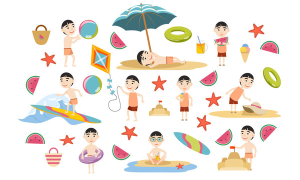 Set Asian boy in various poses in summer clothes and swimsuits on the beach. Summer holidays. Beach rest, games and surfing. Vector illustration © AnnstasAg