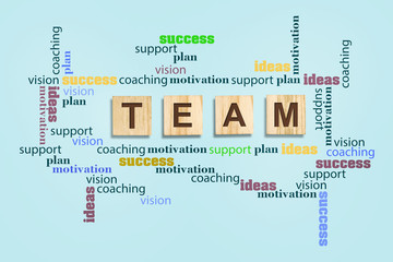 Concept Team. Inscriptions, success, support, idea, vision, motivation, coaching on a gray background. Business. Teamwork.