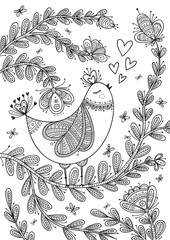 Beautiful detailed coloring page with bird