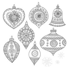 Vector Christmas coloring tree decoration baubles line art