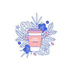 Coffee cup with exotic plants and leaves. Take away design template. Flat graphic. Vector illustration