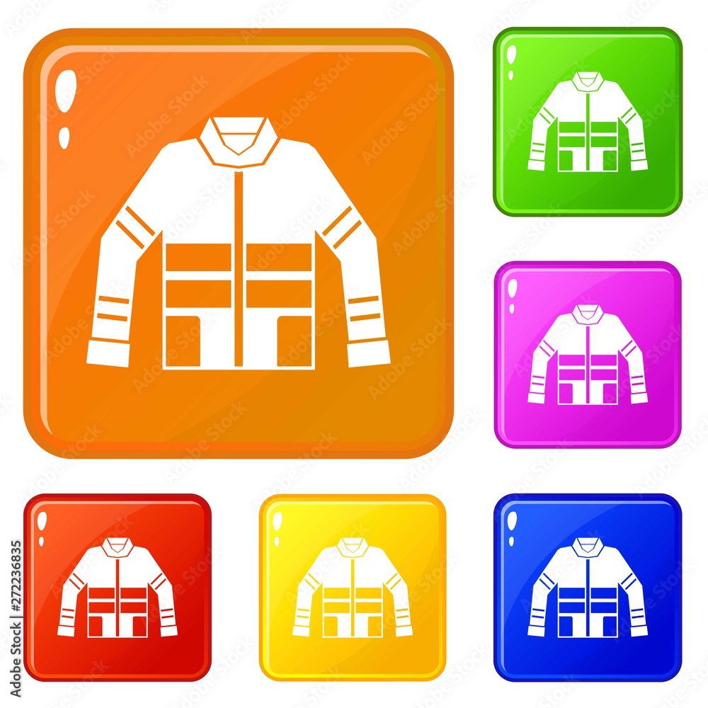 Poster firefighter jacket icons set collection vector 6 color isolated on white background