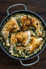 Couscous with Chicken Legs and Chard Roots in Pan Ready to Serve