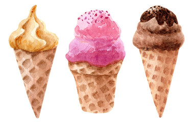Hand painted watercolor ice cream. Hand drawn sweet icecream illustration.