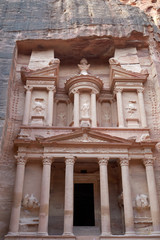 Facade of the Al-Khazneh in Petra in Jordan. It is the treasury and one of the most elaborate temples in the ancient Arab Nabataean Kingdom.