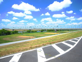 鉄橋の見える江戸川土手風景