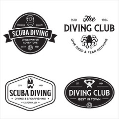 Fototapeta na wymiar Set of Scuba diving club and diving school design. Concept for shirt or logo, print, stamp or tee. Vintage typography design with diving gear silhouette