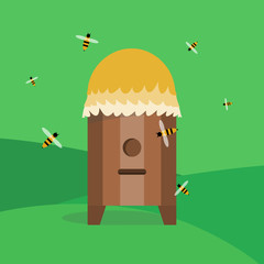 Busy bees flying around a bee hive. Flat vector minimalistic illustration.