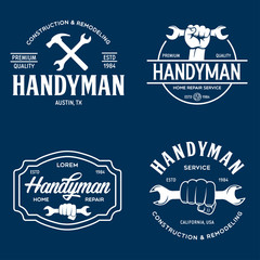 Fototapeta premium Handyman labels badges emblems and design elements. Tools silhouettes. Carpentry related vector vintage illustration.