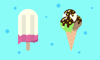 Two kinds of ice cream. Flat illustration, sweets, summer, heat, dessert.