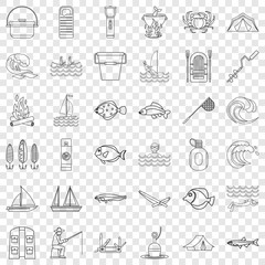 Fishing icons set. Outline style of 36 fishing vector icons for web for any design