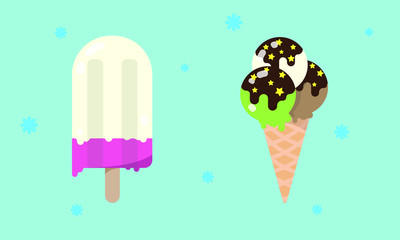 Two kinds of ice cream. Flat illustration, sweets, summer, heat, dessert.