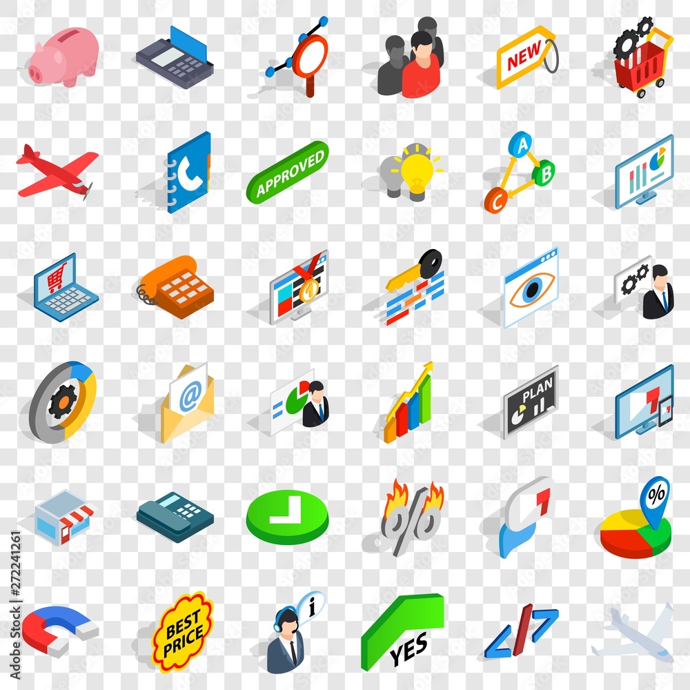 Poster presentation icons set. isometric style of 36 presentation vector icons for web for any design
