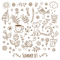 Vector summer set. Plants, cat and birds. Doodle image.