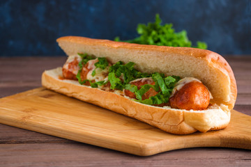 long meatball sandwich with mozzarella and lettuce