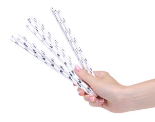 Cocktail tubes colorful in hand on white background isolation