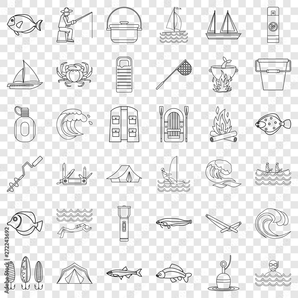 Poster river icons set. outline style of 36 river vector icons for web for any design