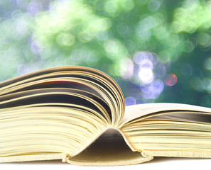 Open book, close up on blurred nature background. Reading,learning, education, concept