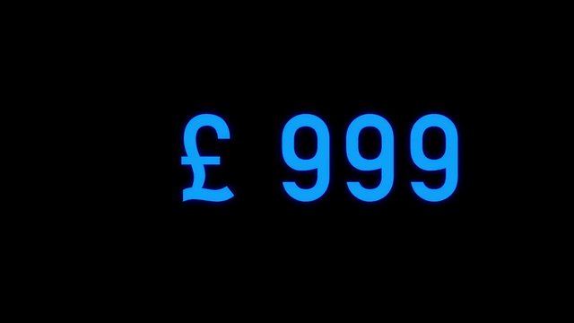 Exponential growth concept. Sliding digits of British pound amount growing faster and faster. Blue digits on black background.
