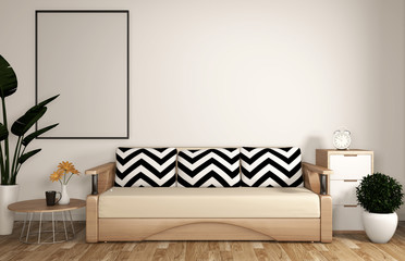 zen modern living room with sofa,frame,wood floor and white wall zen style.3D rendering